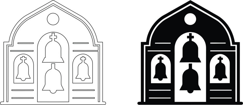 Church bell tower architecture icon set with outline and silhouette versions for graphics.