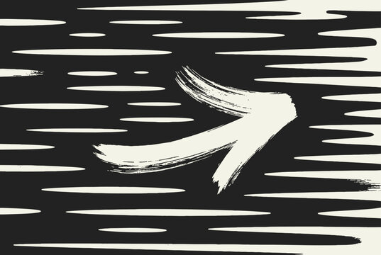 Bold white brushstroke arrow points toward the right against a dark black background with horizontal textured lines and streaks.
