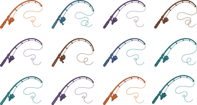 Colorful fishing rod vector illustration featuring twelve stylized rods with reels and lines in orange, blue, purple, teal, and brown designs