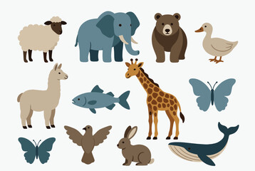 Fototapeta premium Various cute animal characters including an elephant, giraffe, bear, whale, and others on a clean light background.