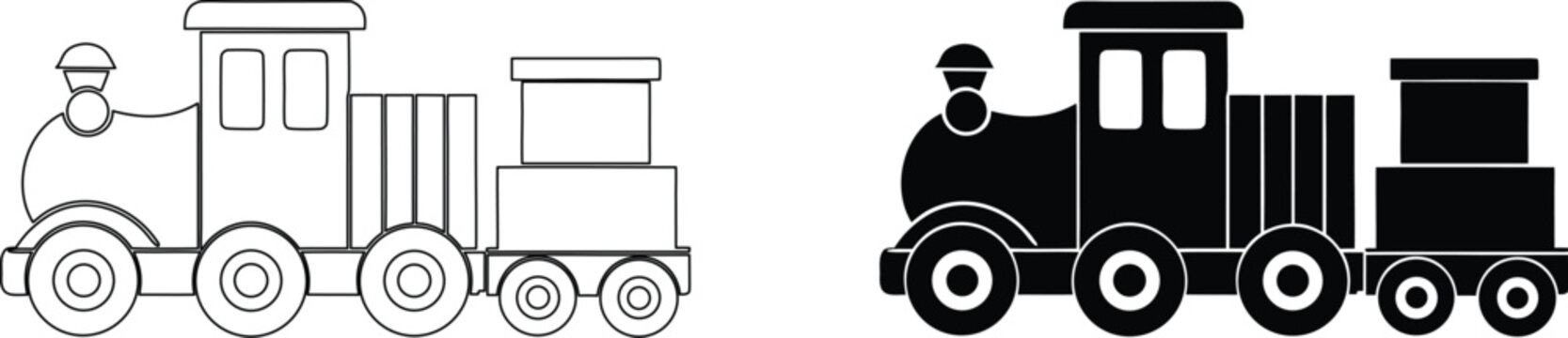 Classic steam train toy icon presented in both thin outline and bold solid black styles.