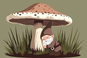 Naklejka premium Mythical gnome character sleeping peacefully leaning against the stem of a giant forest mushroom among tall grass.