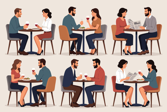 Multiple scenes of couples enjoying dinner dates at tables with wine food and newspapers in a restaurant setting.