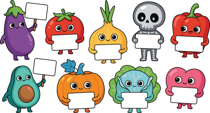 Cute vegetable and character vector illustration featuring eggplant, tomato, onion, pepper, pumpkin, cabbage, avocado, heart, and skeleton holding signs