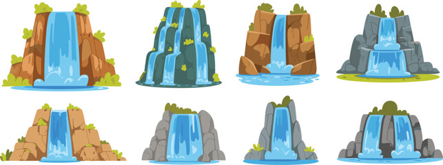 Waterfall landscape collection with rocky mountain cascades nature vector illustration set isolated on white background design © Kaiyum