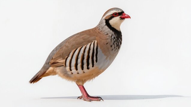 Isolated red-legged partridge bird standing on a solid white studio background