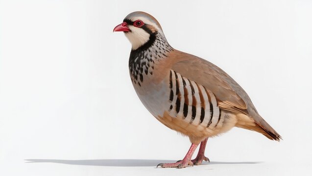 Isolated red-legged partridge bird standing on a solid white studio background