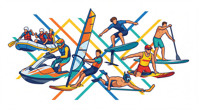 Men practicing extreme water sports including rafting, jet ski and windsurf. Vector illustration of active people engaged in aquatic summer activities on a geometric background.