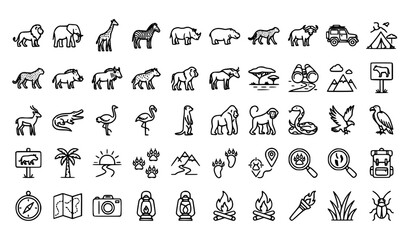 50 Safari Wildlife Line Icons Editable Stroke Africa Nature Vector Set © Shameem