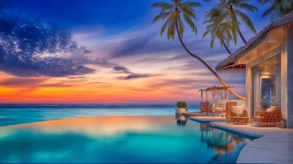 Fototapeta premium Stunning Luxury Tropical Beachfront Villa with Infinity Pool and Breathtaking Sunset over the Ocean