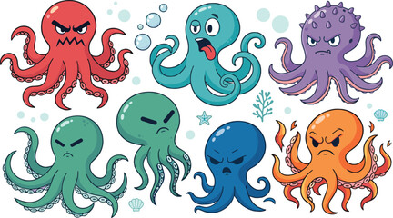 Cute Cartoon Octopus Mascot Character Set with Various Facial Expressions and Poses Including Angry Grumpy and Silly Faces for Kids Sea Life Graphic Elements © Kamal