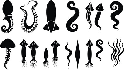 Octopus Tentacle and Squid Silhouette Icon Set with Cuttlefish Jellyfish Floating Marine Arms and Ocean Sea Monster Graphic Design Elements © Kamal