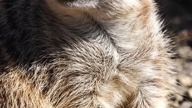 Closeup of a Meerkats Fur and Face in Natural Sunlight.