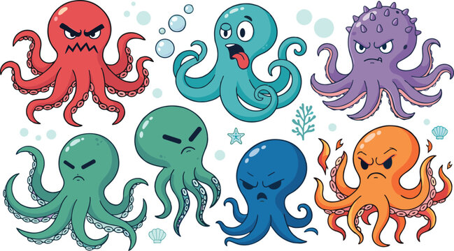 Cute Cartoon Octopus Mascot Character Set with Various Facial Expressions and Poses Including Angry Grumpy and Silly Faces for Kids Sea Life Graphic Elements
