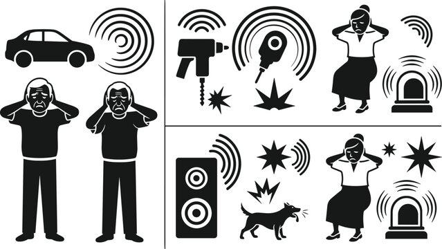 Noise Pollution and Hyperacusis Silhouette Icon Set with Loud Car Alarms Construction Drills Barking Dogs Speakers and Stressed People Covering Their Ears