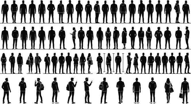 Mega Crowd of People Silhouette Icon Set with Men and Women Posing Standing Walking and Using Phones for Architectural Scale Graphic Design Elements