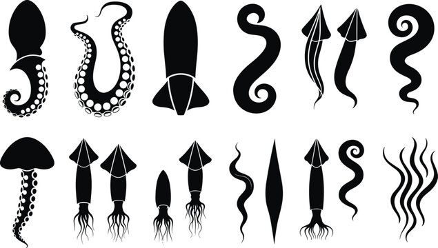 Octopus Tentacle and Squid Silhouette Icon Set with Cuttlefish Jellyfish Floating Marine Arms and Ocean Sea Monster Graphic Design Elements