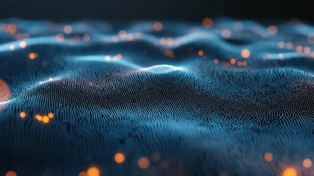 Abstract digital wave landscape with glowing particles in motion