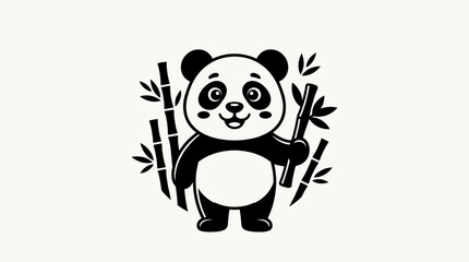 Cute cartoon panda illustration standing with bamboo stalks. © satu
