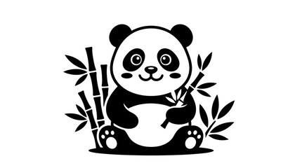 Cute cartoon panda sitting with bamboo stalks. © satu
