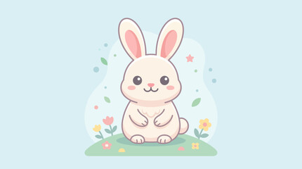 Obraz premium Cute cartoon white rabbit sitting in a field of flowers.