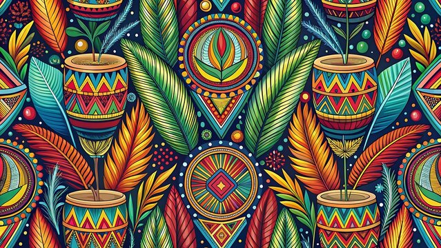 Vibrant colorful traditional tribal drums surrounded by decorative feathers pattern design