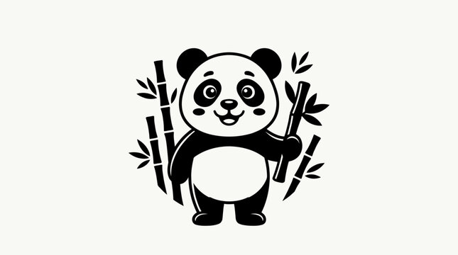Cute cartoon panda illustration standing with bamboo stalks.