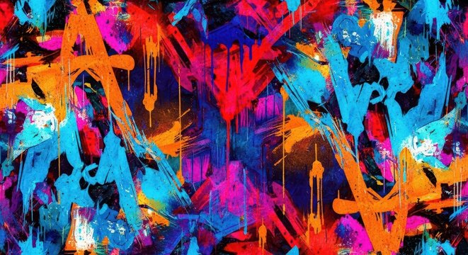 Vibrant abstract background with colorful splatters and paint strokes in blue, orange, pink, and pur