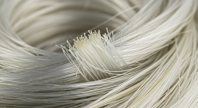Close up view of bundled white synthetic fibers for industrial textile production.