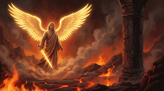 An angel with large glowing wings holds a sword while standing on a rocky ground filled with flames. Dark clouds loom in the background as the scene shows a clash between good and evil