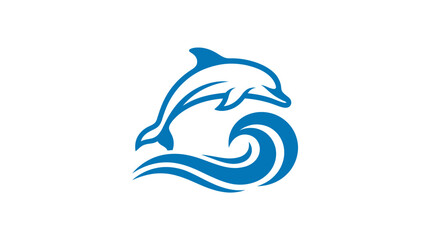 Jumping Dolphin Over Blue Wave Logo. © satu