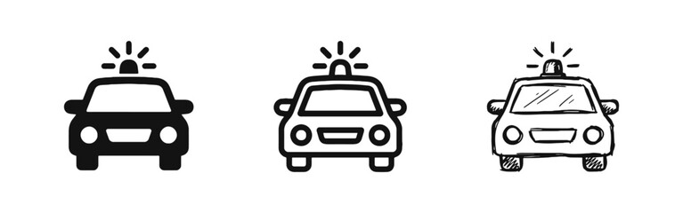 Police Car with Siren Icon Set - Emergency Response Vehicle in Multiple Graphic Styles © drawing lines