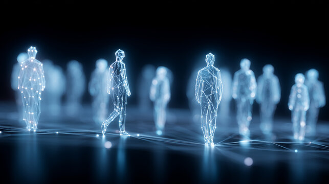 Digital human figures walk across a connected network surface, symbolizing virtual communities, workforce data, and social technology.

