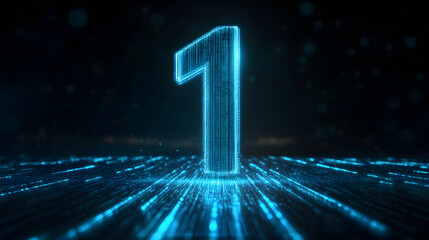 Blue technological number one holographic projection background with digital data lines