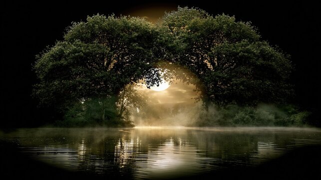 Two large green trees forming natural arch over calm river with glowing full moon rising behind creating magical mystical night landscape with soft mist over water