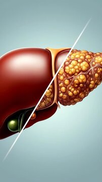 Human liver, depicting a clear comparison between normal healthy organ structure and a severely degenerated, fatty diseased condition, vital anatomical concept