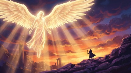 Obraz premium An angel with glowing wings descends from the sky while a figure stands on a rocky surface below. Bright rays of light shine down during sunset, creating a dramatic scene