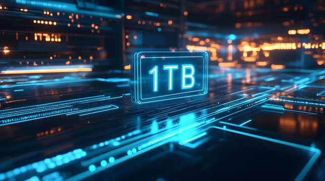Futuristic glowing blue 1TB data storage icon floating above digital circuit board background