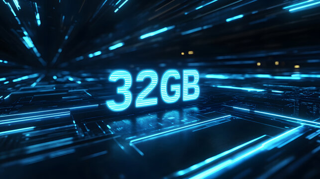 32GB memory capacity sign in blue digital technology background with circuit board