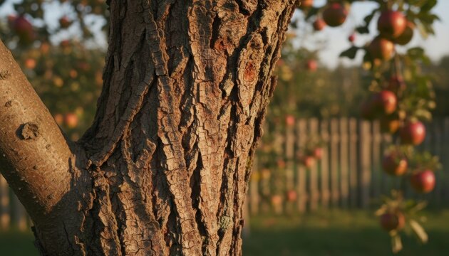Close-up of aged apple tree bark showcasing intricate natural textures and patterns