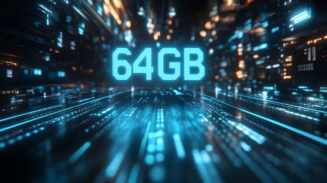 Blue digital technology background with glowing sixty four gigabyte text and data streams