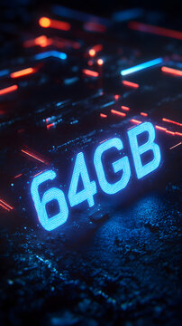 Glowing blue sixty four gigabyte digital storage concept with futuristic circuit background