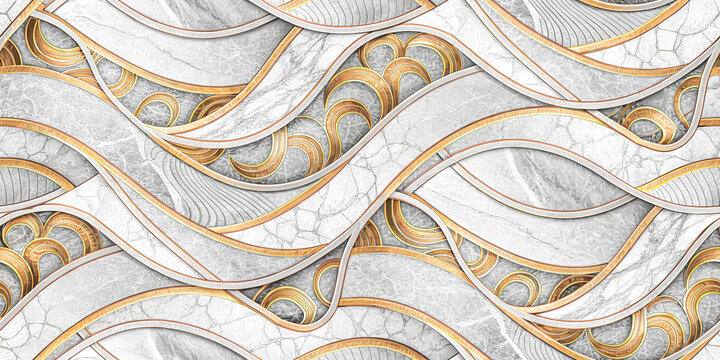 Seamless A decorative wallpaper design with marble-like texture and elegant gold wavy lines. The pattern creates a sense of fluidity and luxury.