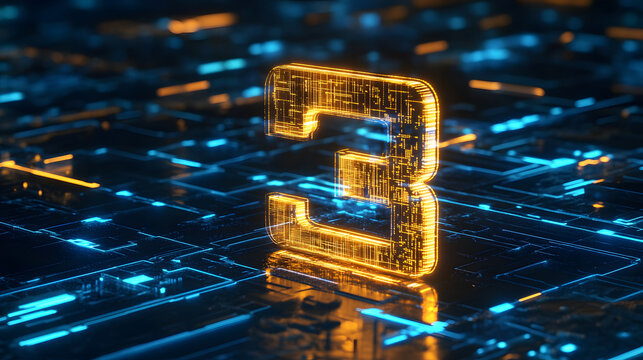 Glowing golden number three on high tech circuit board background