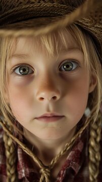 a 6 year old girl looks directly into the camera. She is wearing a cowgirl hat and country clothes. The camera is panning in to a close-up of her face only, background out of focus. Only her face and 