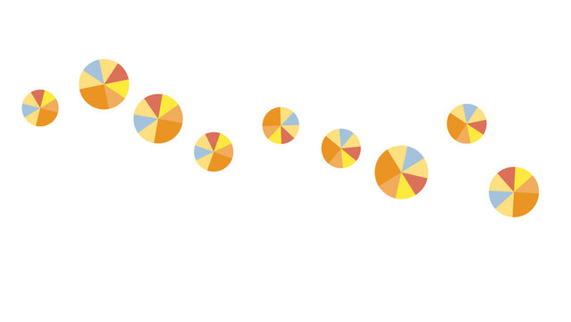 Abstract arrangement of colorful pie chart elements scattered across a transparent background, multiple circular charts with segmented slices in warm and cool tones, creating a playful visual rhythm
