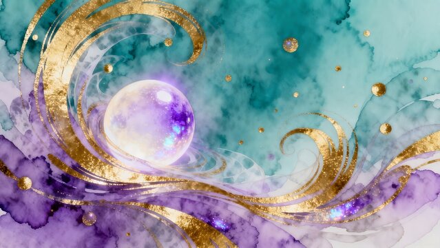 Abstract cosmic sphere with golden swirls