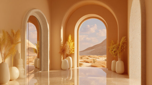 Desert landscape view through arched interior with decorative plants and sunlight