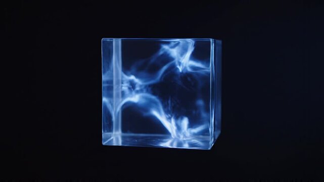 Abstract animation, futuristic glass cube on black background, seamless looped video