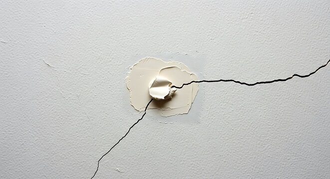 Close-up of a Cracked Ceiling with a Hole and Patch.